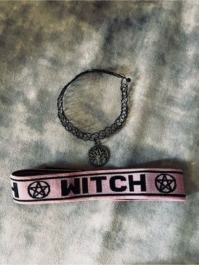Pink Witch Pentagram Headband & LOTR Tree of Gondor Tattoo Choker Set